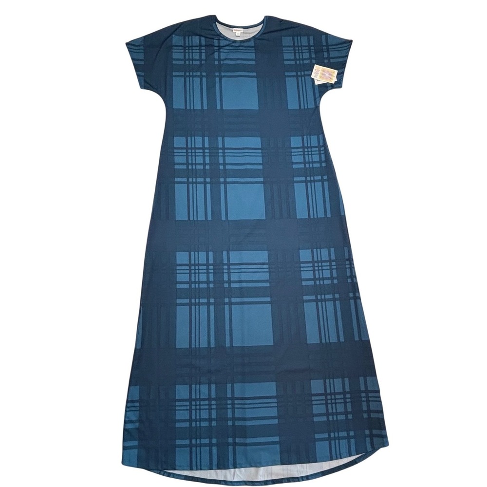 LuLaRoe Womens Dress Size 2XL Maria Maxi Blue Plaid Short Sleeve Scuba NEW